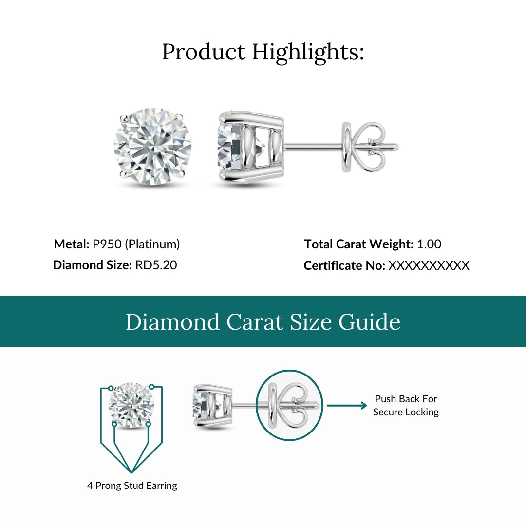 Lab Grown Diamond Platinum Studs Earring (1ct-2ct)