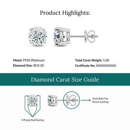 Lab Grown Diamond Platinum Studs Earring (1ct-2ct)